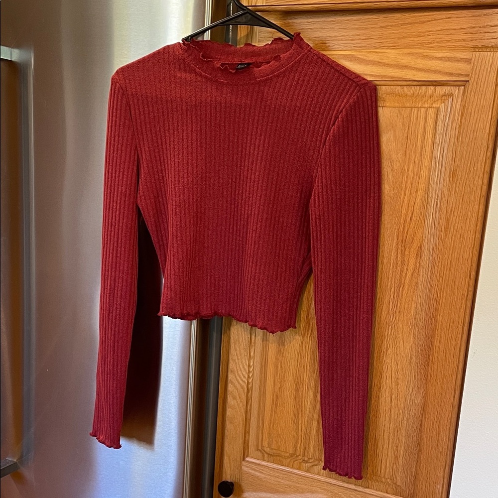 SHEIN Red Ribbed Long Sleeve Crop Top